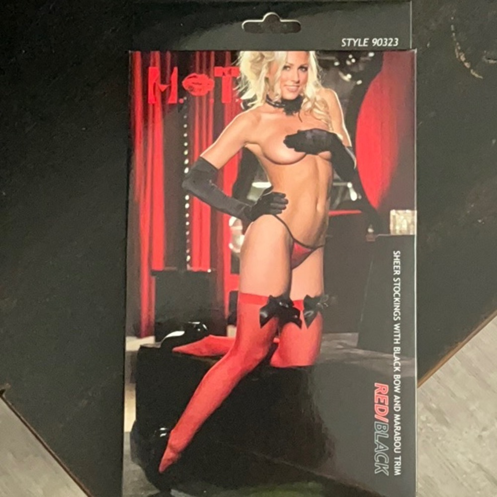 Very Sexy Shirley of Hollywood HOT Collection Marabou Stockings Red w Black Bows - Picture 2 of 3